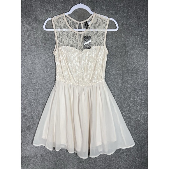 H&M Divided Floral Lace Fit & Flare Dress Womens Sz 8 Beige Sheer Sleeveless New - Picture 1 of 11